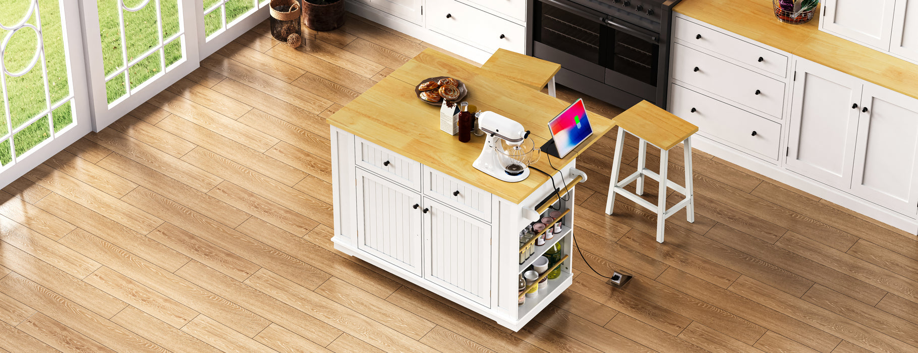 48inch Large Kitchen Island with 2 Bar Stools, Power Outlet, Door Internal Storage Rack, Kitchen Storage Cart on 5 Wheels with Drop Leaf, 5 Open Side Racks, 2 Drawers,for Kitchen,Dining Room,White - DTYStore