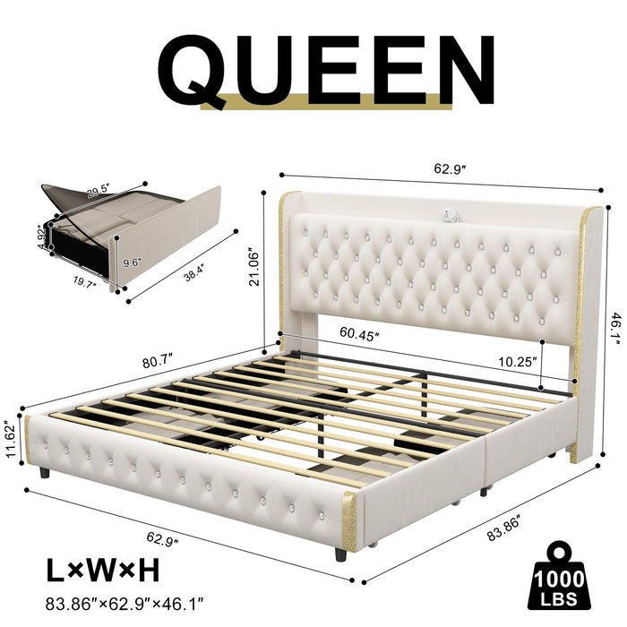 Queen size bed frame with 4 drawers, Star Projector Galaxy Light, Wingback Upholstered Headboard with Diamond Button, USB Charger and music speaker, PU Leather - DTYStore