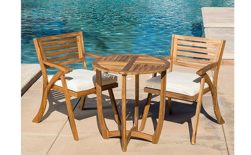 Outdoor Hermosa 3 Pieces KD Wood Dining Set With Cushions,Teak Finish - DTYStore
