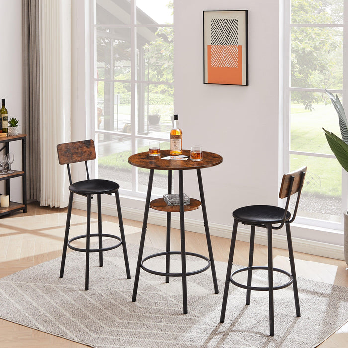 Round Bar Stool Set With Shelf, Upholstered Stool With Backrest, Rustic Brown, 23.62'' W x 23.62'' D x 35.43'' H