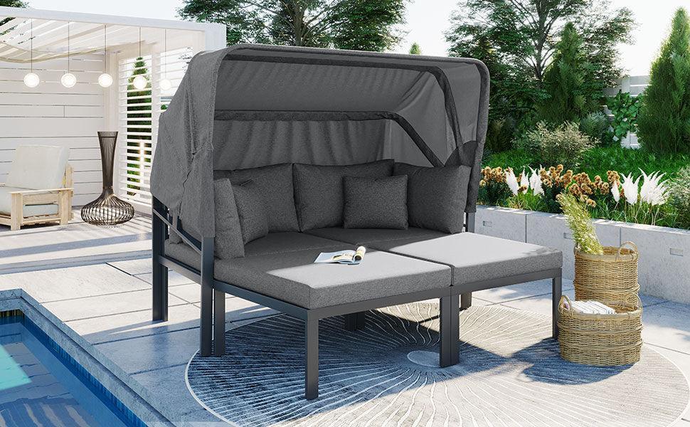 3-Piece Patio Daybed with Retractable Canopy Outdoor Metal Sectional Sofa Set Sun Lounger with Cushions for Backyard, Porch, Poolside