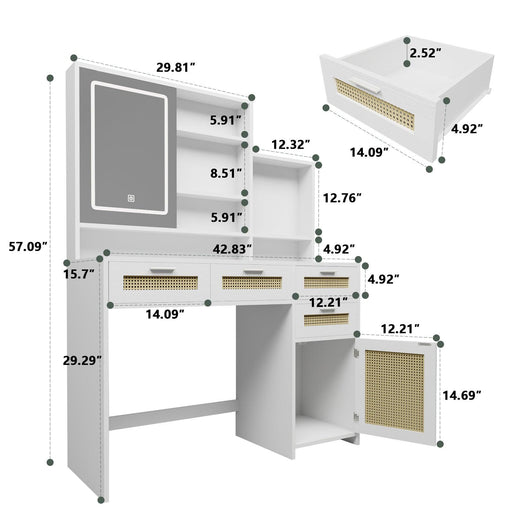 Makeup Vanity with Lights in 3 Colors & Openable Mirror, Vanity Desk with 4 Drawers & 1 Cabinets & Shelves, Vanity Table Rattan Vanity Dresser, for Bedroom - DTYStore