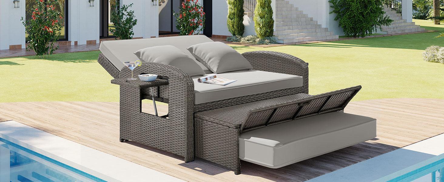 PE Wicker Rattan Double Chaise Lounge, 2-Person Reclining Daybed with Cushions and Cover