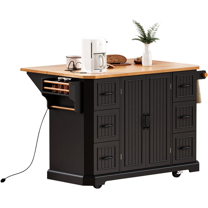 56 inch Kitchen Island with Rubber Wood Veneer Drop Leaf, Power Outlet, 4 Door Shelves, Embossed Vertical Stripe Rolling Kitchen Cart on 4 Wheels with 6 Deep Drawers for Kitchen, Dining Room,Black - DTYStore
