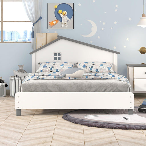 Full Size Wood Platform Bed with House-shaped Headboard (White+Gray) - DTYStore