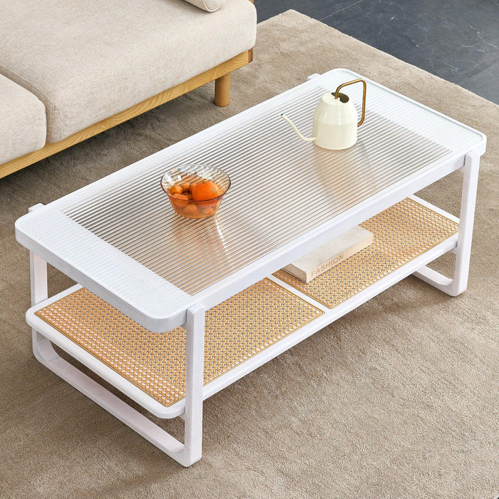 Modern Minimalist White Double Layered Solid Wood Coffee Table. Glass tabletop, imitation rattan edge table. Rectangular table suitable for living room, dining room, and bedroom