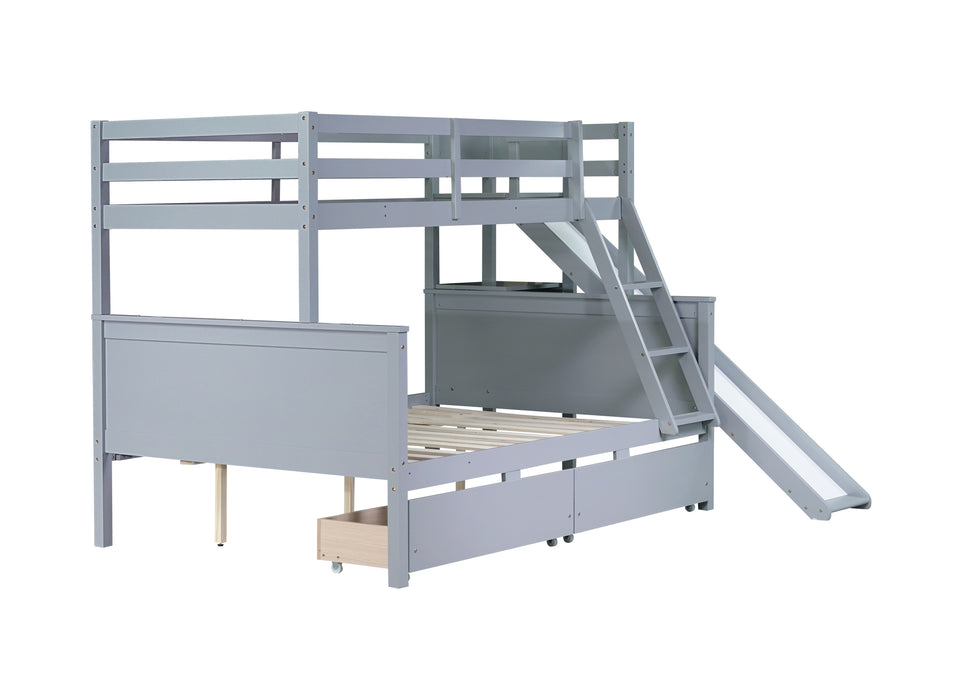 Twin over Full Bunk Bed with 2 Drawers, Slide, Shelves, Ladder, Rubber Wood Bunk Bed with Slide, Drawers,Grey(Old Sku:W504S00061) - DTYStore