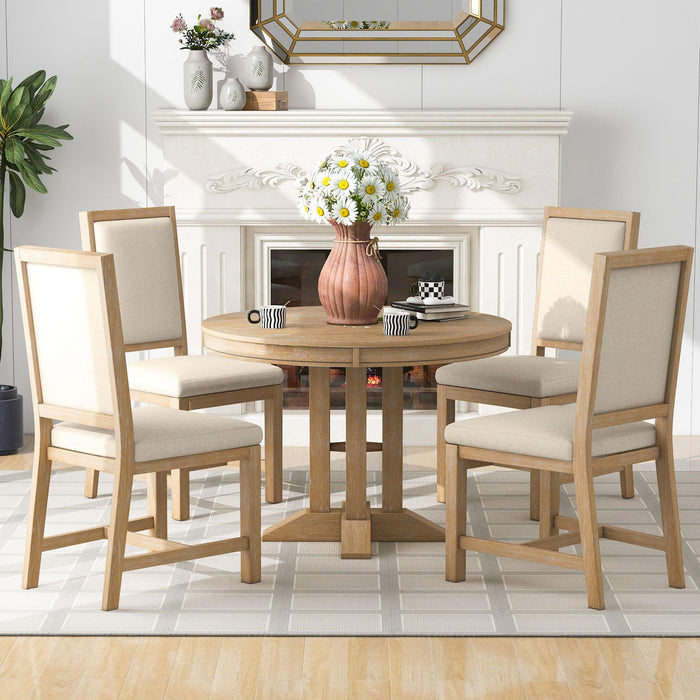 5-Piece Extendable Round Dining Set with Upholstered Chairs for Kitchen, Dining Room