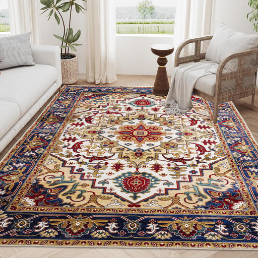 Area Rug 8x10 Vintage Bohemia Large Persian Non-slip Washable Rug For Living Room Kitchen Bedroom Living Room Flower Design Blue/Gold - DTYStore