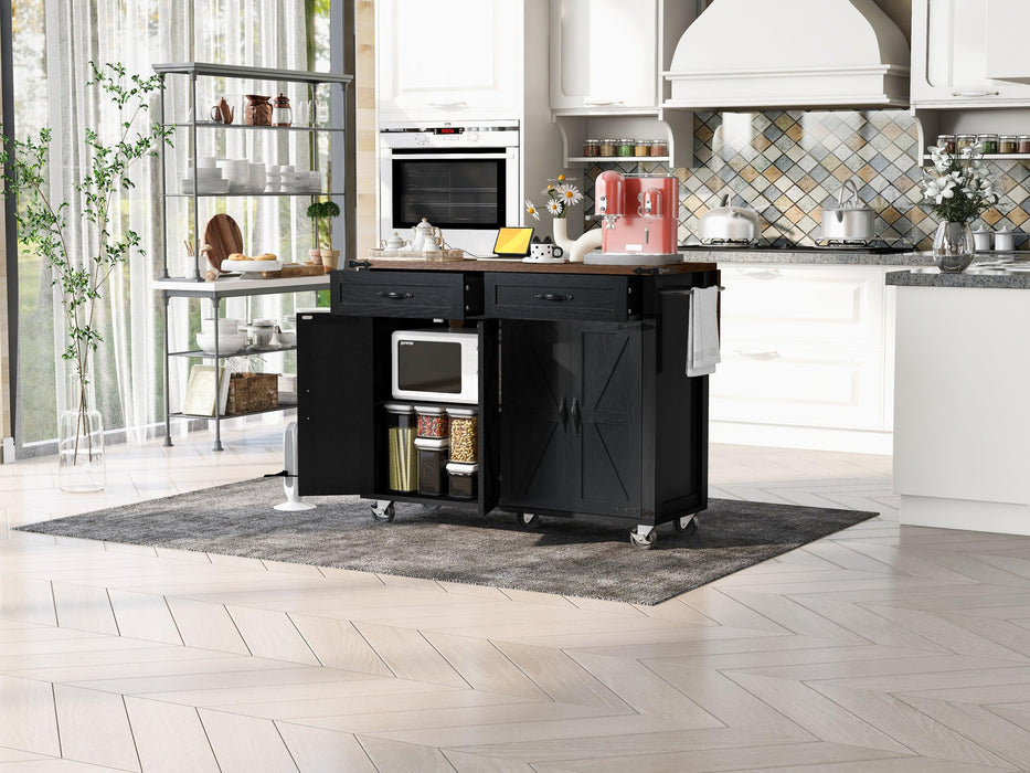 K&K 53.5''Farmhouse Kitchen Island with Power Outlet, Kitchen Storage Island with Drop Leaf, Spice Rack and Drawer, Rolling Kitchen Cart on Wheels, for Home, Kitchen and Dining Room, Black