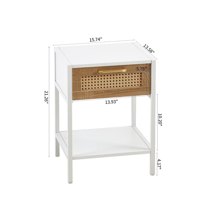 15.74" Rattan End table with drawer, Modern nightstand, metal legs,side table for living room, bedroom,white(1 pc) - DTYStore