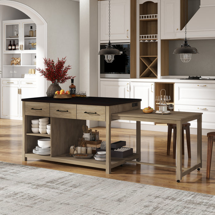 Extendable Kitchen Island with Storage, Multi-Functional Kitchen Cart with Built-In Power Outlets, Retro Kitchen Island on Wheels with Drawers and Open Shelves for Kitchen (Espresso+Natural) - DTYStore