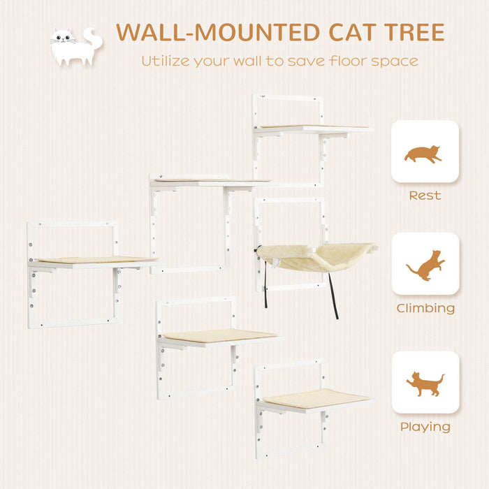 6-pc Modern Cat Wall Shelves for Indoor Cats, Height Adjustable Jumping Platforms & Cat Hammock, Cat Shelves and Perches for Wall-Mounted Cat Tree, Cat Climbing Shelf Set, Cream