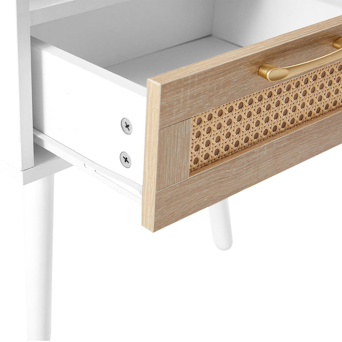 15.75" Rattan End table with drawer and solid wood legs, Modern nightstand, side table for living room, bedroom, white - DTYStore