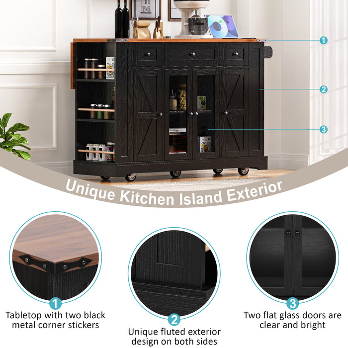 53'' Farmhouse Kitchen Island with Two Tempered Glass Cabinet Doors, Power Outlet, Rolling Kitchen Cart on Wheels with Drop Leaf, 5 Open Side Racks, 3 Drawers, for Kitchen, Dining Room, Black - DTYStore