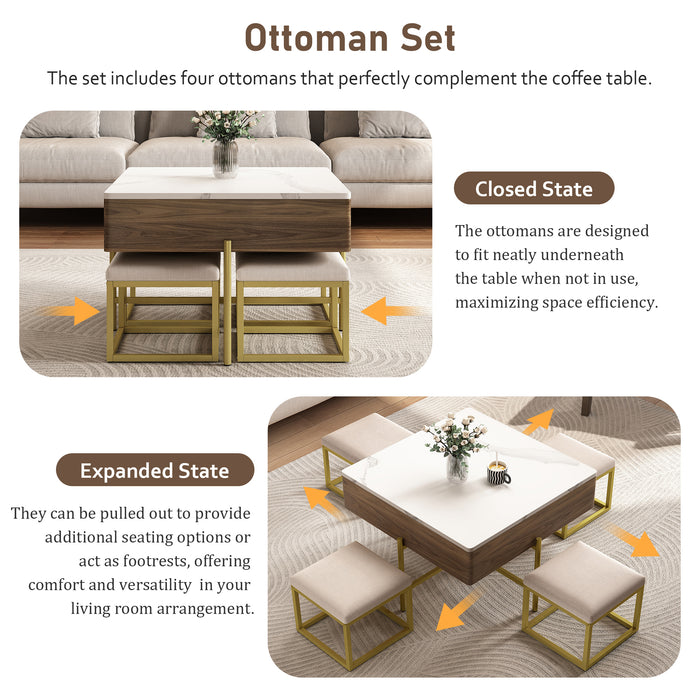 Modern Square Lift-Top Coffee Table Set with Storage & 4 Ottomans White & Walnut - DTYStore