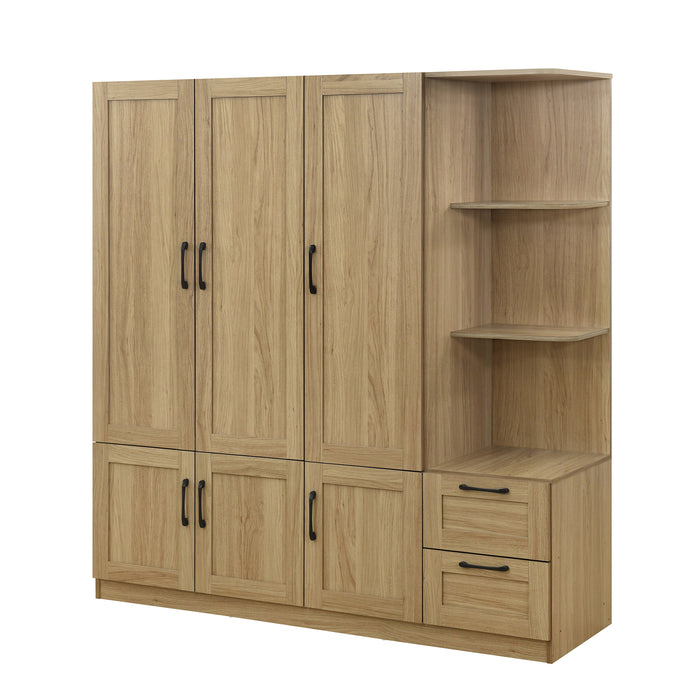 3 Door Wooden Storage Wardrobe for Dedroom with Shelves and 2 Drawers, Side Storage Shelves,Nature - DTYStore