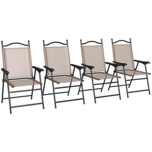 Outsunny Folding Patio Chairs, Set of 4 Sports Chairs for Adults, Camping Chairs with Armrests, Breathable Mesh Fabric Seat for Lawn, Brown - DTYStore