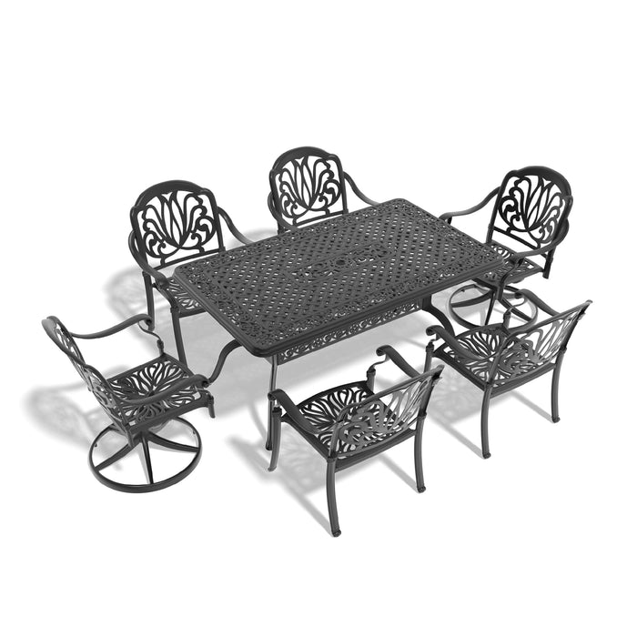 7-Piece All-Weather Cast Aluminum Dining Set, Include 2 Swivel Chairs,4 Dining Chairs and Rectangular Table With Black Frame - DTYStore