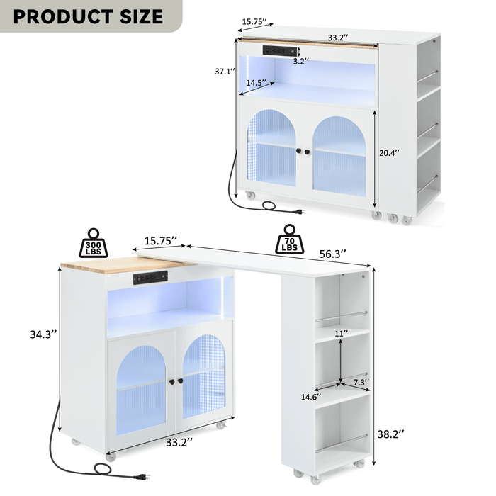 K&K Rolling Kitchen Island With Extended Table, Kitchen island on Wheels with LED Lights,Power Outlets and 2 Fluted Glass Doors, Kitchen Island with a Storage Compartment and Side 3 Open Shelves,White