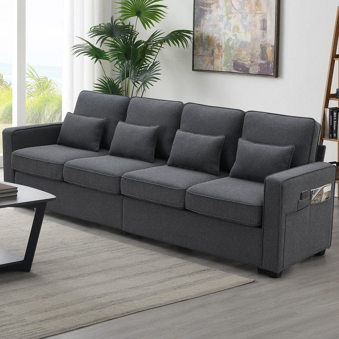 Modern Linen Fabric Sofa with Armrest Pockets and Pillows, Minimalist Style Couch Dark Grey