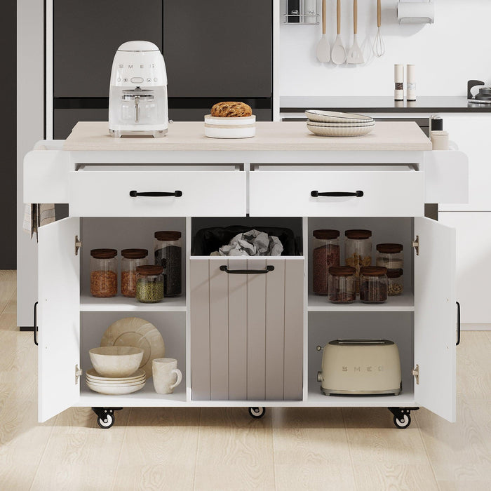 Kitchen Island with Trash Can Storage Cabinet, Kitchen Cart with Drop Leaf, Spice Rack, Towel Rack and Drawer, Rolling Kitchen Island on Wheels with Adjustable Shelf, White - DTYStore