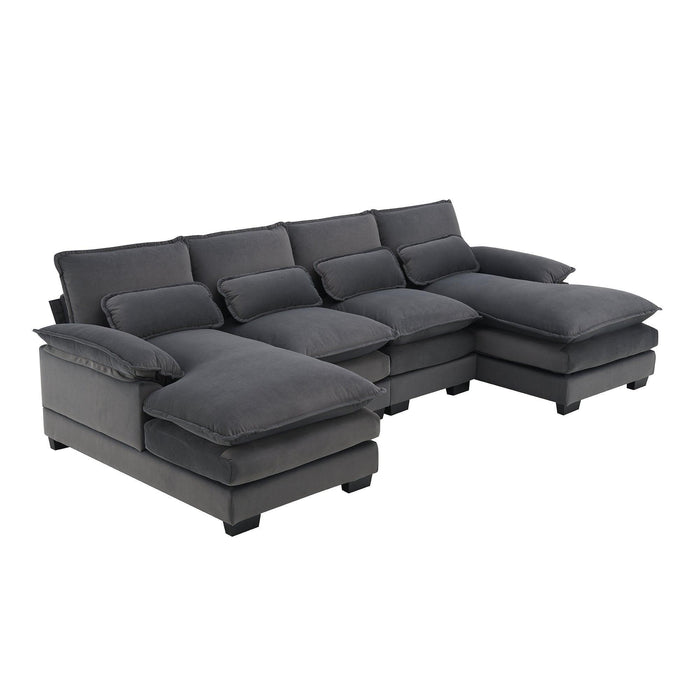 Modern U-shaped Sectional Sofa with Waist Pillows, Sleeper Couch with Chaise Lounge,6-seat Upholstered Symmetrical Sofa