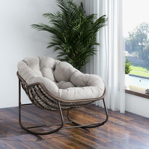 Outdoor Rattan Rocking Chair,Padded Cushion Rocker Recliner Chair Outdoor for Front Porch, Living Room, Patio, Garden, Beige - DTYStore