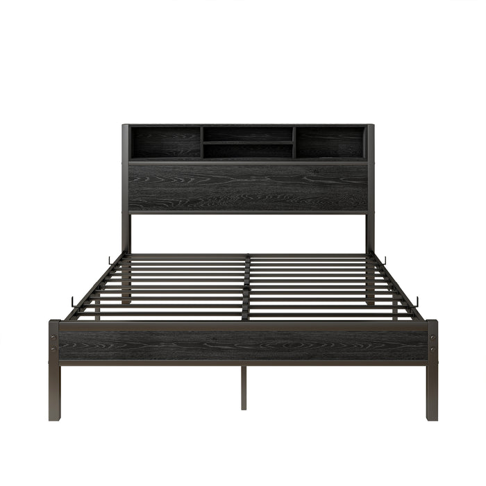 Full Size Bed Frame with Storage Headboard, Metal Platform Bed with Charging Station, Bookcase Storage, No Box Spring Needed, Easy Assembly, Noise-Free, Black - DTYStore
