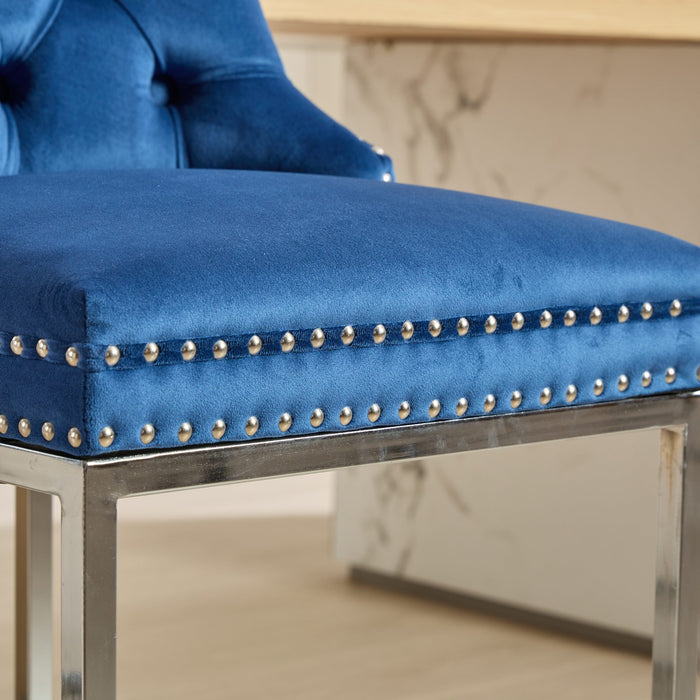 25' Counter Height Bar Stools Set of 2, Modern Velvet Barstools with Button Back&Rivet Trim Upholstered Kitchen Island Chairs with Sturdy Chromed Metal Base Legs Farmhouse Bar Stools, (Blue,2 Pack) - DTYStore