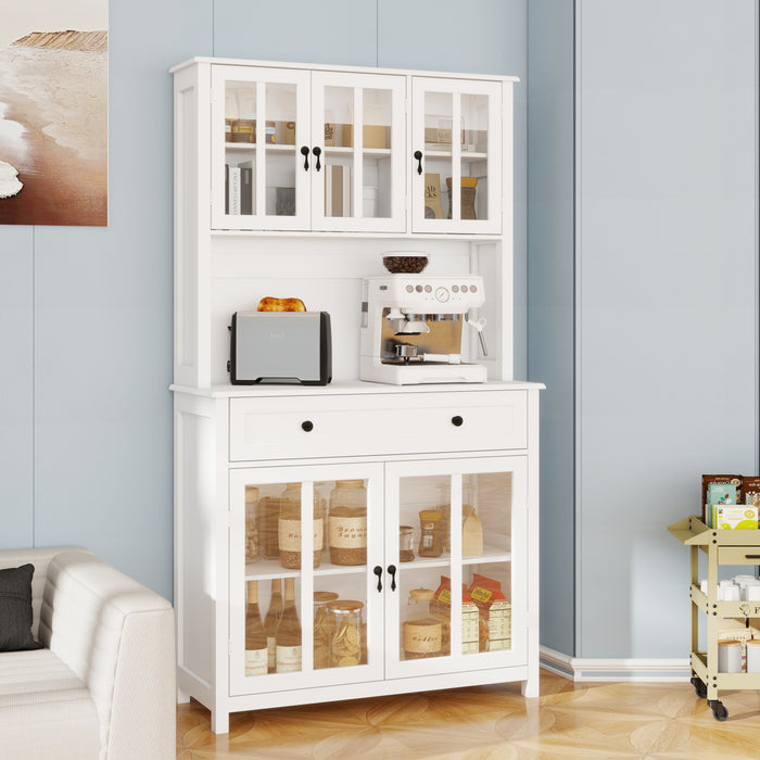 71' Pantry Storage Cabinet with Microwave Oven Countertop, Freestanding Hutch Cabinet with 3 Adjustable Shelves, 5 glass Doors and 1 Large Drawer-White - DTYStore