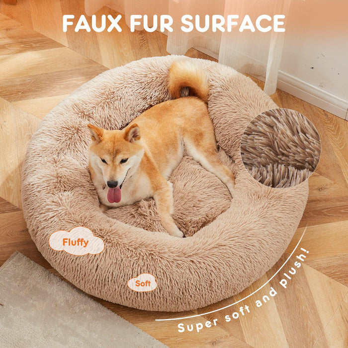 Anti-Slip Round Fluffy Plush Faux Fur Cat Bed, Small Brown