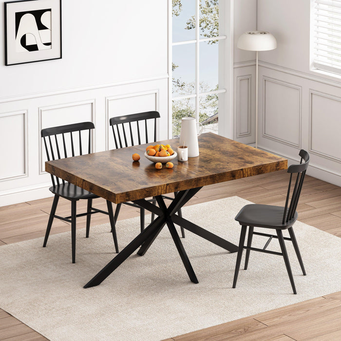 55.11" -70.86"Retro Rectangular Stretch Dining Table, Antique Wood Top And Black Relief Plate, Black Fine Sand Cross Iron Foot Base Dining Table, With Storage Box.