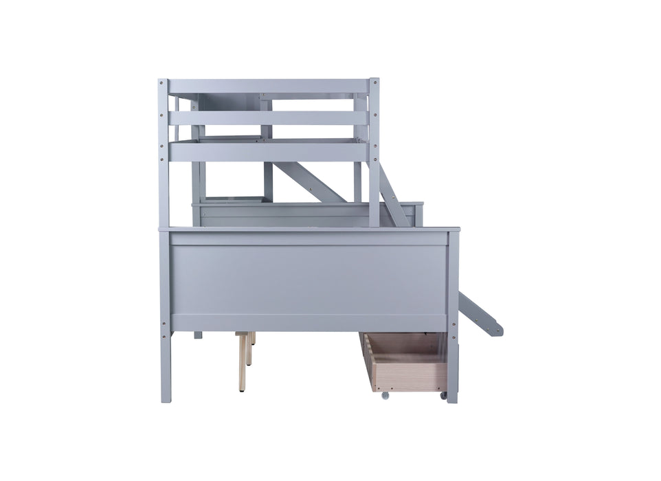 Twin over Full Bunk Bed with 2 Drawers, Slide, Shelves, Ladder, Rubber Wood Bunk Bed with Slide, Drawers,Grey(Old Sku:W504S00061) - DTYStore