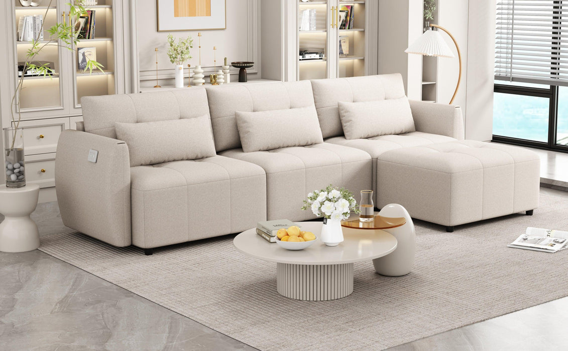 113.3" Convertible Sectional Sofa Couch 3-Seat L-Shaped with Movable Ottoman and USB