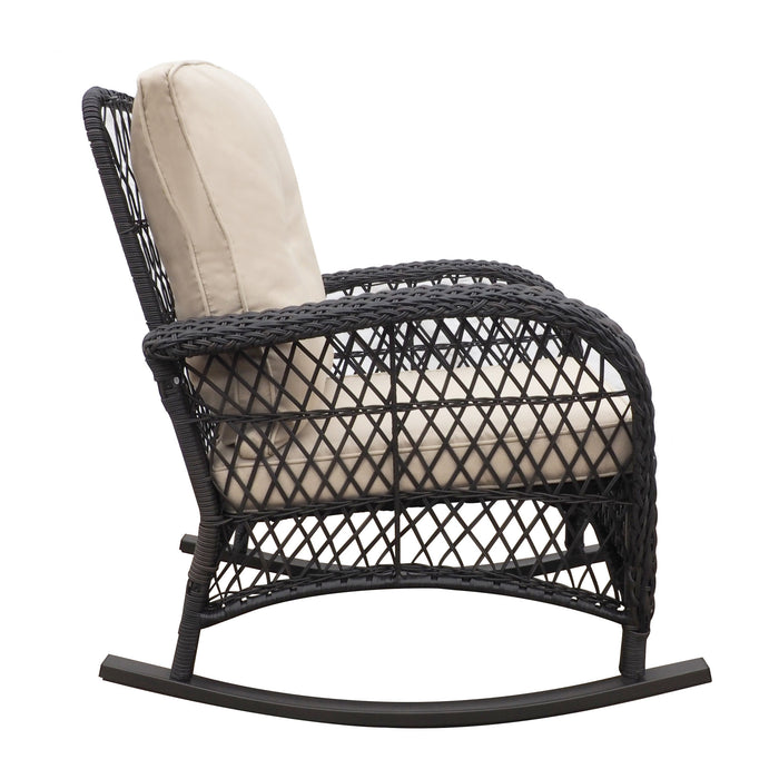 3 Pieces Conversation Set, Outdoor Wicker Rocker Patio Bistro Set, Rocking Chair with Glass Top Side Table - DTYStore
