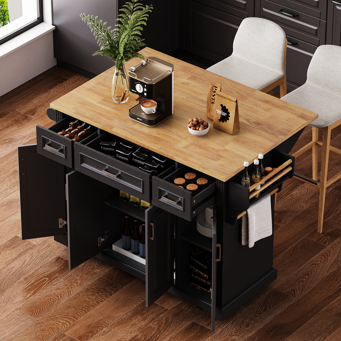 54inch Large Kitchen Island with Rubber Wood Drop Leaf, Embossed Texture Rolling Kitchen Cart on 4 Wheels with 4 Doors and 3 Drawers, Kitchen Island with Storage for Kitchen, Dining Room,Black - DTYStore