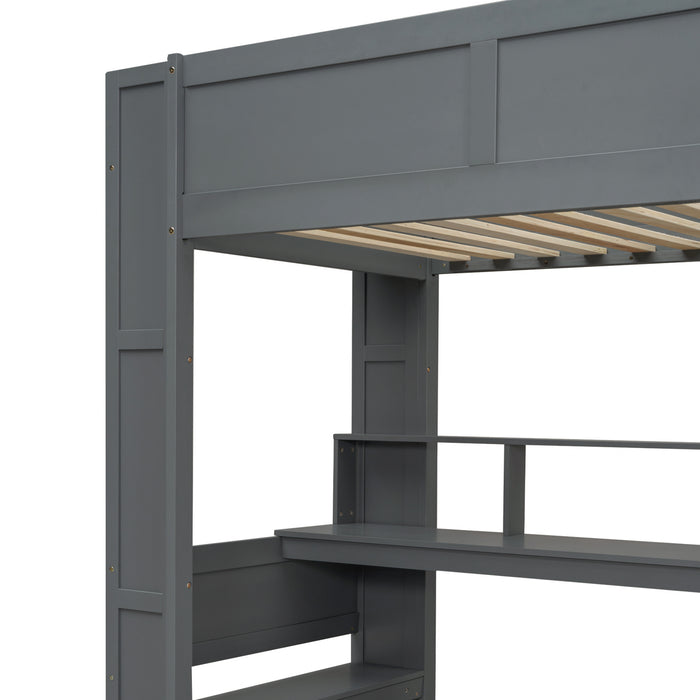 Wood Twin Size Gaming Loft Bed with Desk, Multi-storage Shelves, LED and Charging Station, Dark Gray - DTYStore