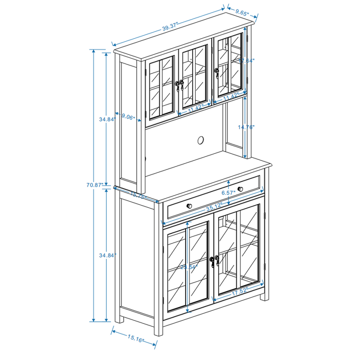 71' Pantry Storage Cabinet with Microwave Oven Countertop, Freestanding Hutch Cabinet with 3 Adjustable Shelves, 5 glass Doors and 1 Large Drawer-White - DTYStore