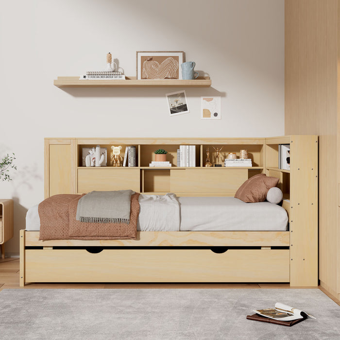 Twin Size Wood Daybed with Storage Shelves, USB and Trundle, Natural - DTYStore