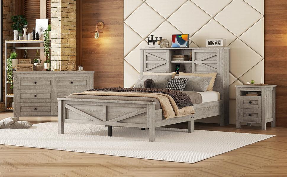 3-Pieces Bedroom Sets Full Size Farmhouse Platform Bed with Double Sliding Door Storage Headboard, Nightstand and Dresser