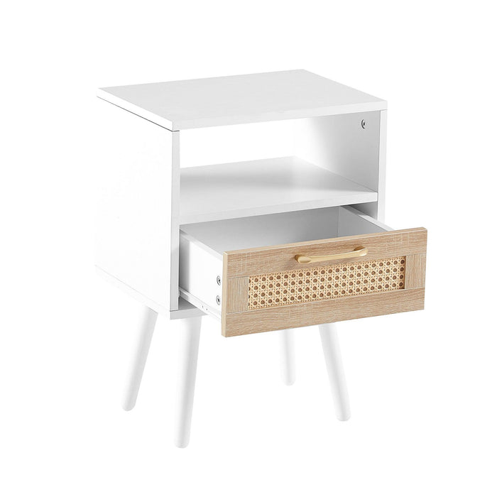 15.75" Rattan End table with drawer and solid wood legs, Modern nightstand, side table for living room, bedroom, white - DTYStore
