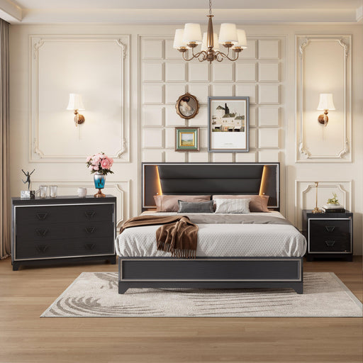 3-Pieces Bedroom Sets Queen Size Upholstered Bed with LED Lights, Nightstands and Dresser with Metal Handles and Sparkling Shiny Decoration, Black - DTYStore