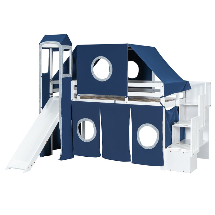 Twin Size Loft Bed with Tent and Tower - Blue - DTYStore