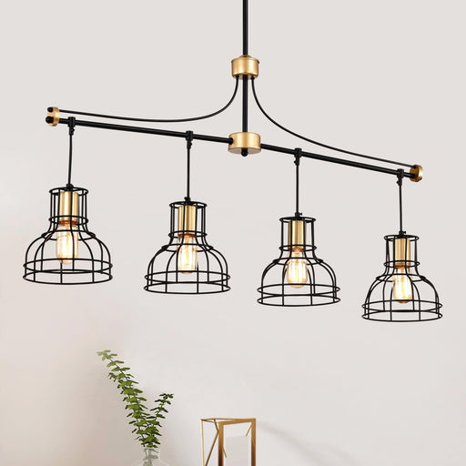 Dining Room Light Fixture/Chandelier Over Table, 40-Inch Hanging for Farmhouse Linear Chandeliers,4-Light Kitchen Island Lighting,Matte Black and Matte Gold Ceiling Chandelier,with Metal lampshade - DTYStore