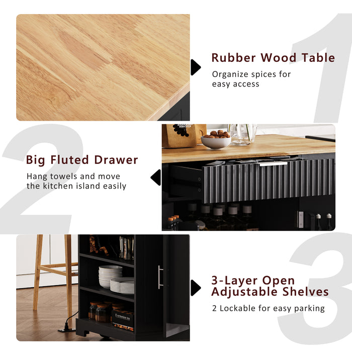 Fluted Kitchen Island with Trash Can Storage Cabinet, Power Outlet, Internal Storage Rack, Rolling Kitchen Islands on 5 Wheels with 3 Drawer, 3 Open Side Racks for 10 Gallon Garbage Bin, Black - DTYStore
