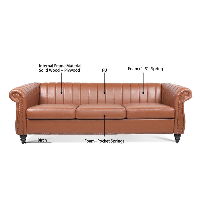 83.46" Brown PU Rolled Arm Chesterfield Three Seater Sofa.