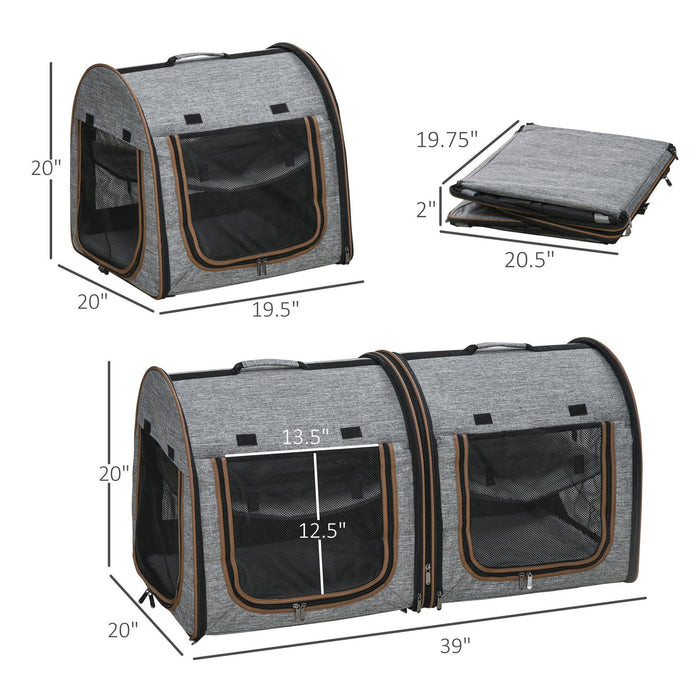 39" Portable Soft-Sided Pet Cat Carrier with Divider, Two Compartments, Soft Cushions, & Storage Bag, Grey - DTYStore