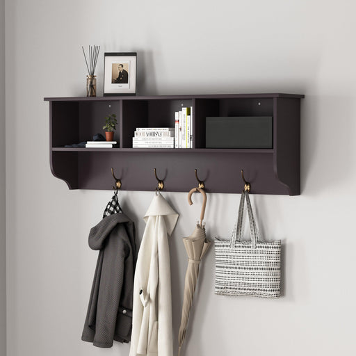 Espresso Entryway Wall Mounted Coat Rack with 4 Dual Hooks Living Room Wooden Storage Shelf - DTYStore