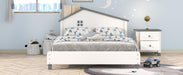 Full Size Wood Platform Bed with House-shaped Headboard (White+Gray)